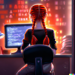 DALL·E 2023-02-09 23.13.22 - high quality digital art of a cute nerdy girl seen from behind with braided red hair and thin framed glasses writing code on a computer in a room wit