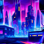 DALL·E 2023-02-09 23.13.52 - high quality digital art of cityscape of high risers and tech companies with neon lights cyberpunk style